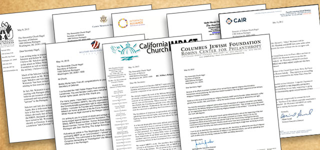 Letters from MRFF Ad. Board Member Bobby Muller, California Council of Churches IMPACT, CAIR, Columbus Jewish Foundation, Americans United for Separation of Church and State, Fmr. Senator & Ambassador Carol Moseley Braun, Interfaith Alliance, The American Muslim
