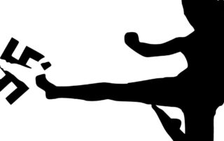 Illustration of silhouetted person kicking swastika, causing it to shatter into pieces