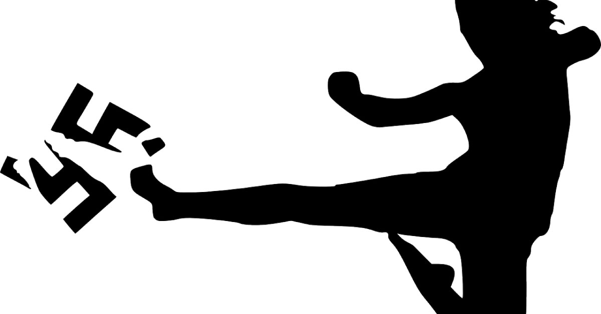 Illustration of silhouetted person kicking swastika, causing it to shatter into pieces