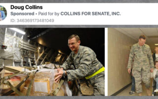 Composite image of Doug Collins's Facebook ad. Top reads "Doug Collins - Sponsored - Paid for by Collins for Senate, Inc. Bottom shows two images of Collins wearing camouflage military uniform.