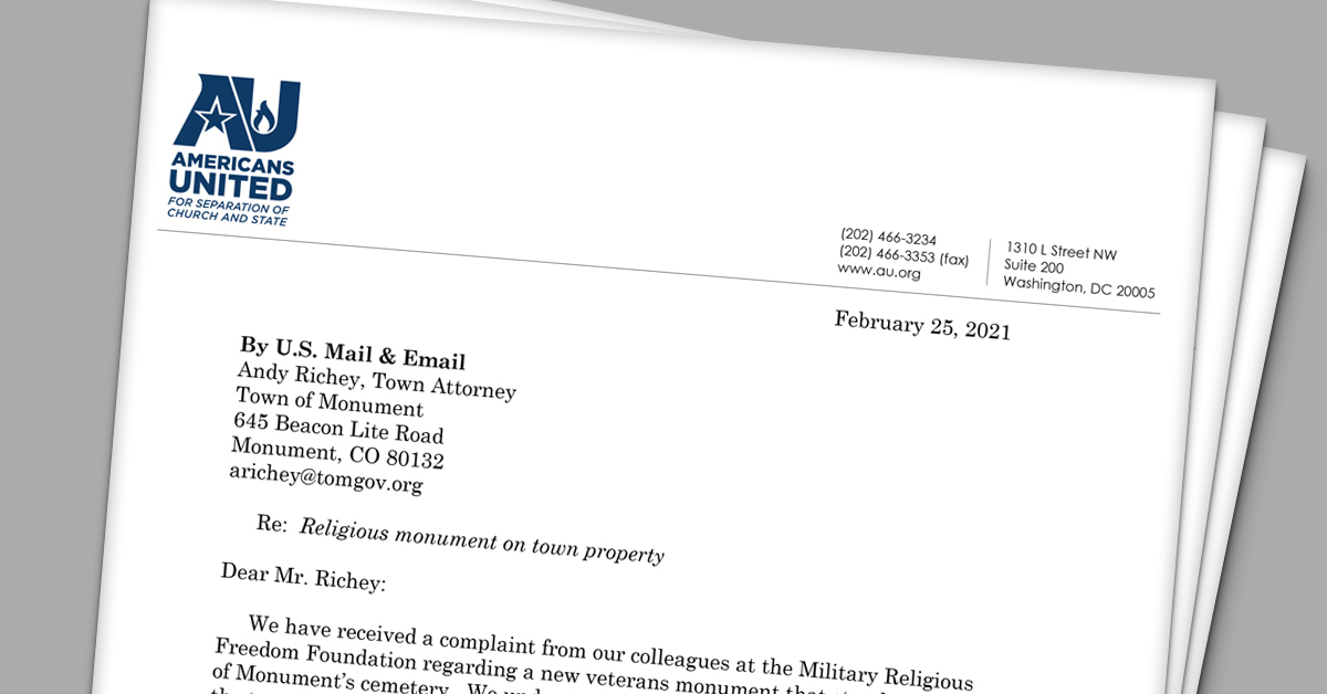 February 25, 2021 Letter to Town of Monument, CO Attorney by Americans United for Separation of Church and State