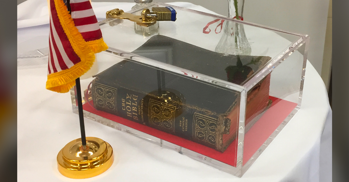 Bible padlocked in a plexiglass box on MIA/POW table at Manchester VA facility