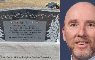 Monument with religious inscription next to picture of Barry Fagin. Photo credit Military Religious Freedom Foundation