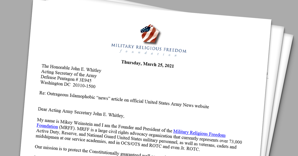 Demand MRFF Letter to John E. Whitley Acting Secretary of the U.S. Army