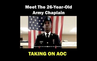 Chaplain Stovall campaign ad with photo of Stovall in uniform and the text Meet the 26 year old Army chaplain taking on AOC
