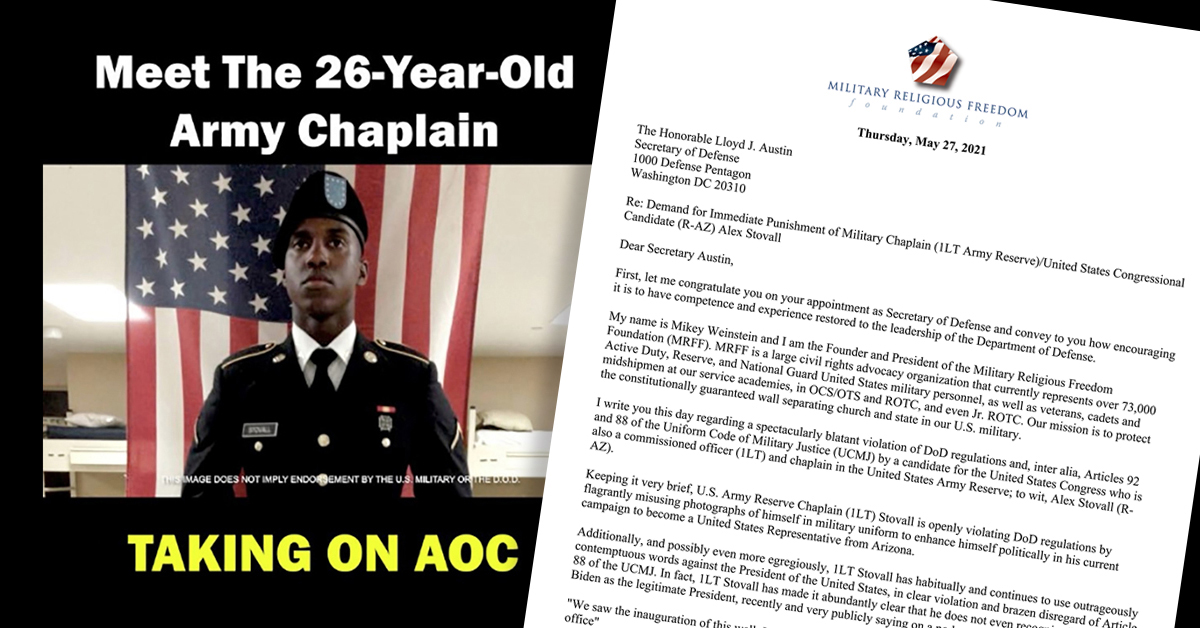 Stovall-ad-w-letter Chaplain Stovall campaign ad side by side with MRFF letter to Secretary of Defense