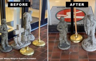 Before and after images showing statue grouping with cross sculpture and with cross sculpture removed