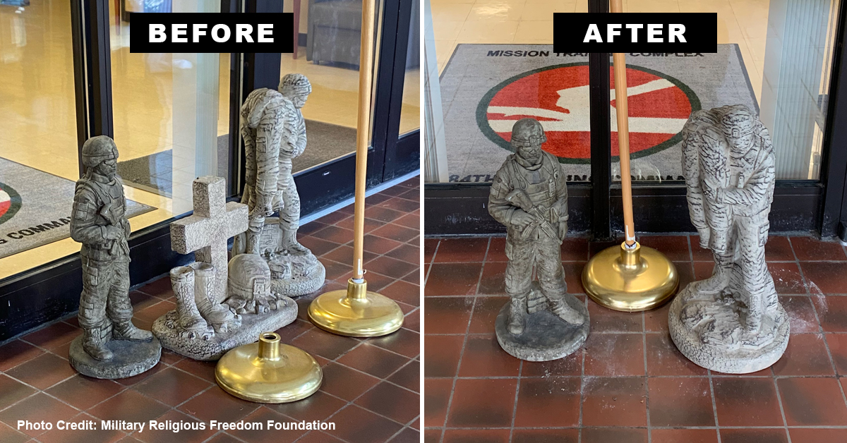 Before and after images showing statue grouping with cross sculpture and with cross sculpture removed