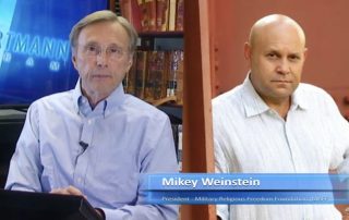 Screenshot from Them Hartmann program of Thome Hartman and Mikey Weinstein side by side