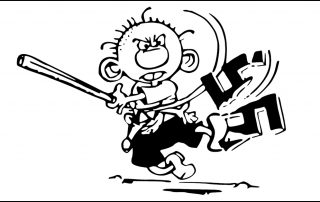 Cartoon of man smashing swastika with baseball bat