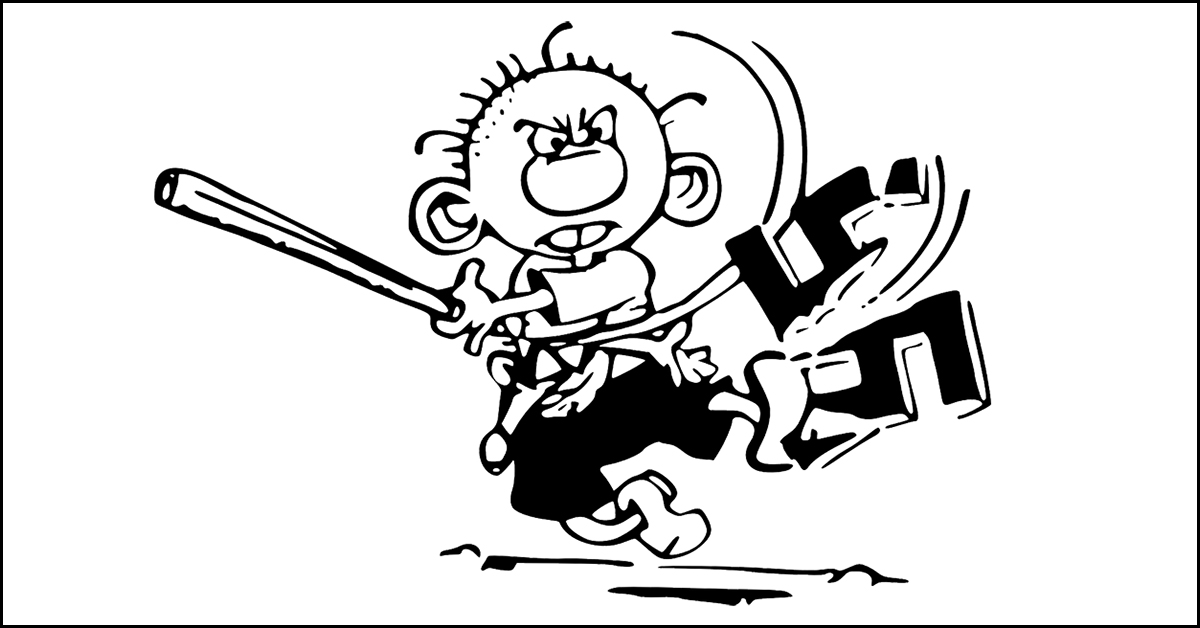 Cartoon of man smashing swastika with baseball bat