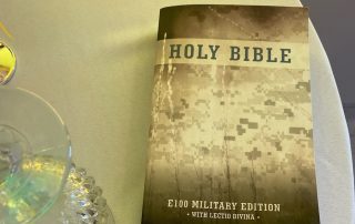 Close up of military Bible on POW MIA table