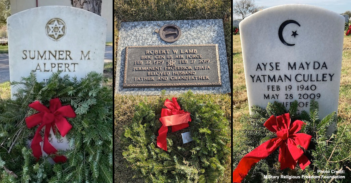 Three photos showing Wreaths Across America Christmas wreaths on Jewish atheist and muslim graves