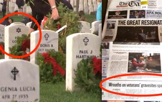 FOX5 Washington DC news report video still showing Wreaths Across America volunteer placing wreath on a grave marked with Star of David next to front page of CO Springs Gazette with headline Wreaths on veterans' gravesites spark protest circled in red