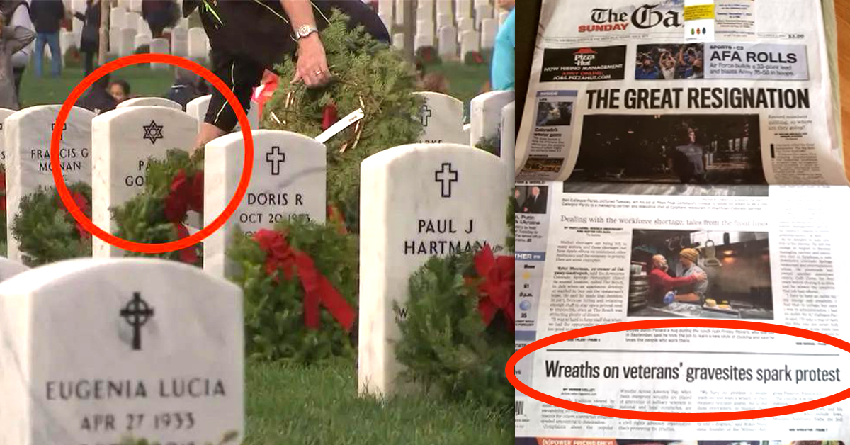 FOX5 Washington DC news report video still showing Wreaths Across America volunteer placing wreath on a grave marked with Star of David next to front page of CO Springs Gazette with headline Wreaths on veterans' gravesites spark protest circled in red