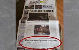 Front page of the Colorado Springs Gazette newspaper, with a story circled in red. Headline is "Wreaths on veterans' gravesites spark protest".
