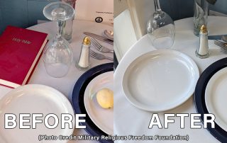 Before and After of Unconstitutional Christian Bible removed from a POW/MIA table at a U.S. Military Installation
