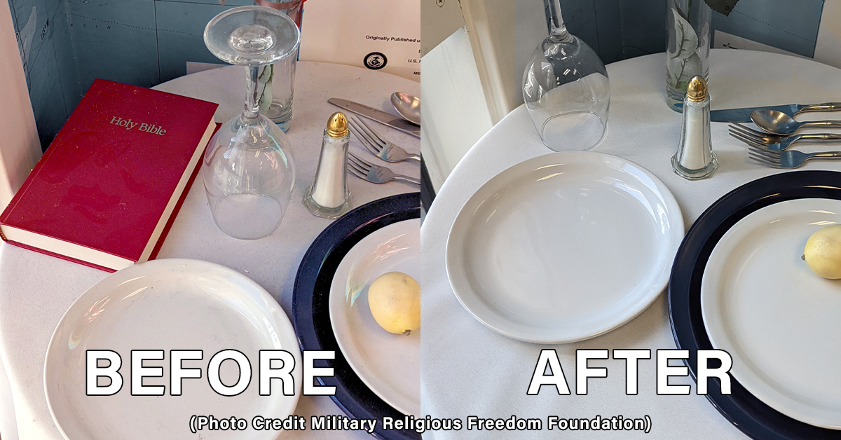 Before and After of Unconstitutional Christian Bible removed from a POW/MIA table at a U.S. Military Installation