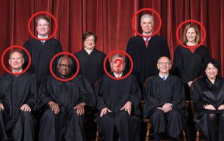 The Supreme Court justices with the conservative justices circled in red and a question mark on Chief Justice Roberts