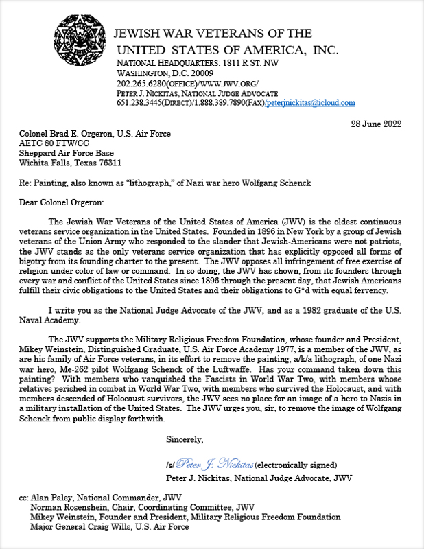 MRFF letter to Colonel Orgeron USAF