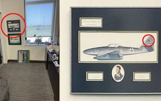 Artwork celebrating Nazi war hero Wolfgang Schenck with swastika on tail of plane hanging at entry to Colonel Kleinheyer’s office at Sheppard Air Force Base TX