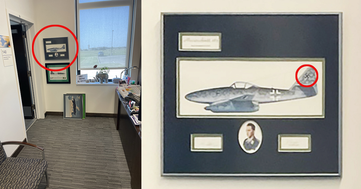 Artwork celebrating Nazi war hero Wolfgang Schenck with swastika on tail of plane hanging at entry to Colonel Kleinheyer’s office at Sheppard Air Force Base TX
