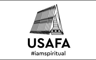 Line drawing of the Air Force Academy cadet chapel with the letters USAFA and the hashtag I am spiritual below