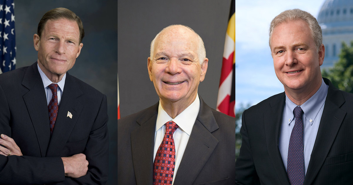 Headshots of U.S. Senators Richard Blumenthal (D-CT), Ben Cardin (D-MD) and Chris Van Hollen (D-MD)