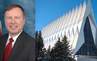 Split image of Congressman Doug Lamborn and Air Force Academy cadet chapel