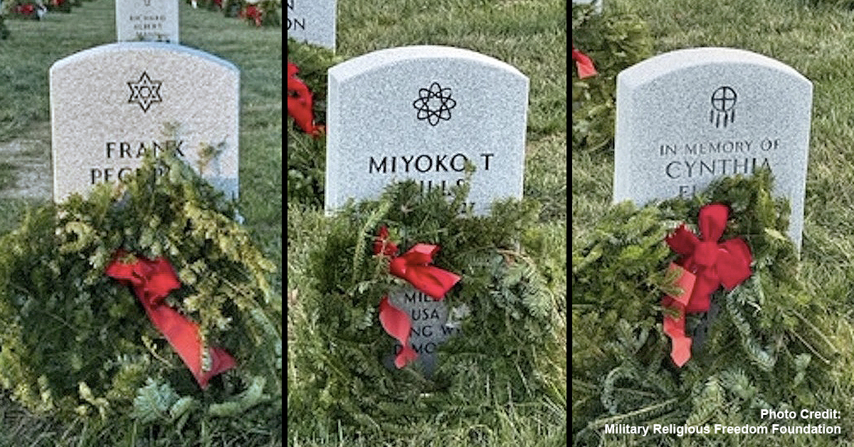 Three side by side photos showing wreaths across America Christmas wreaths on Jewish Buddhist and Native American veterans graves