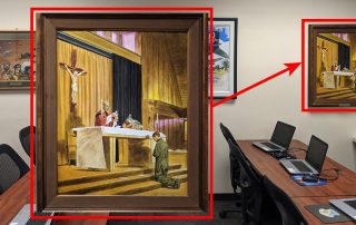 Classroom with painting of airman kneeling at altar on wall showing close up of painting as an inset