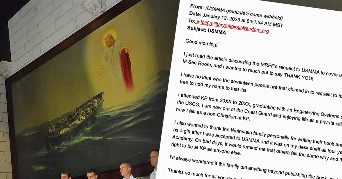 Football game Email with giant Jesus painting photo in background