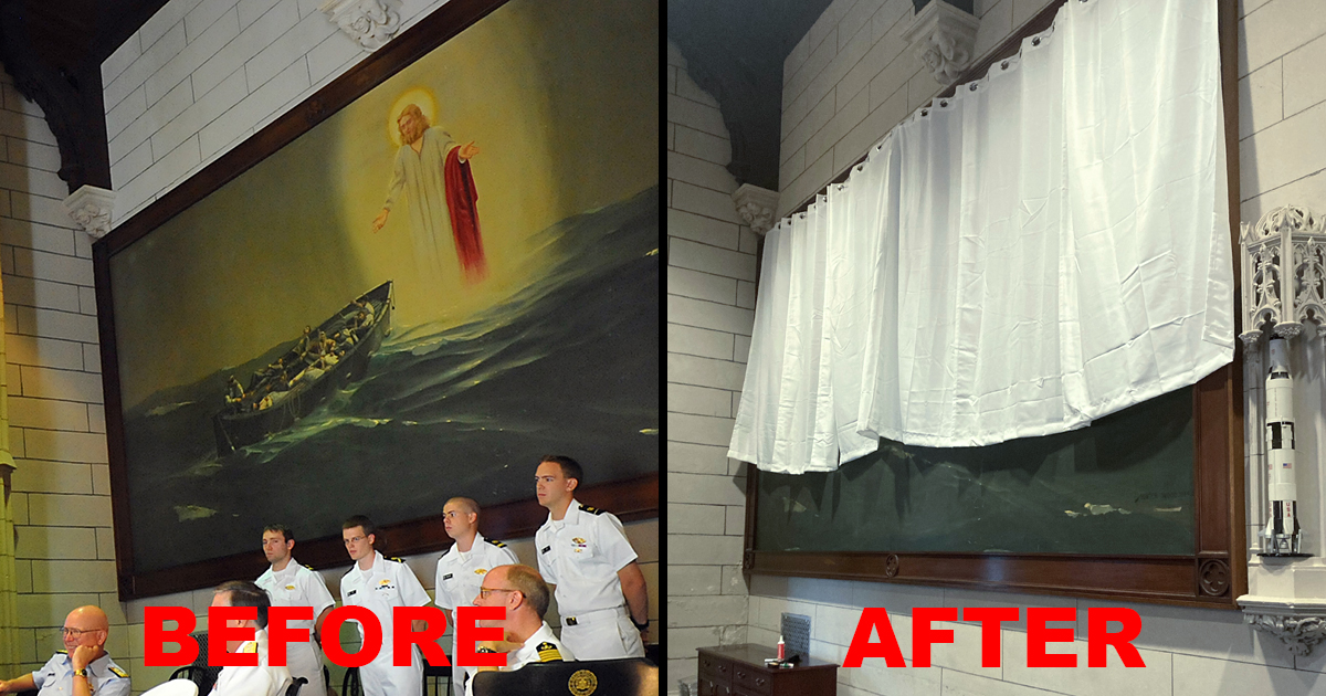 Before and after photos of painting without curtain and painting covered by curtain