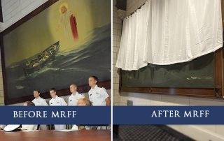 Before and after of large painting of Jesus at US Merchant Marine Academy