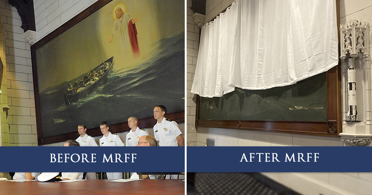 Before and after of large painting of Jesus at US Merchant Marine Academy