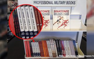 Bookshelf in Air Force Academy uniform store showing Leadership Lessons of Jesus book