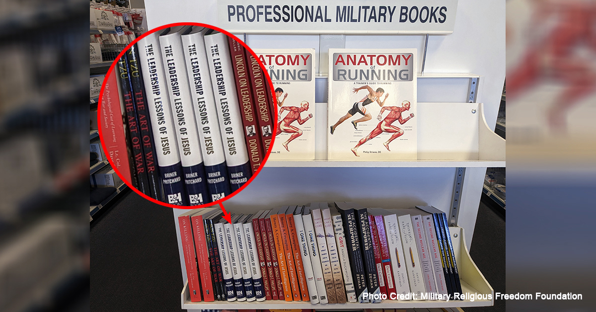 Bookshelf in Air Force Academy uniform store showing Leadership Lessons of Jesus book