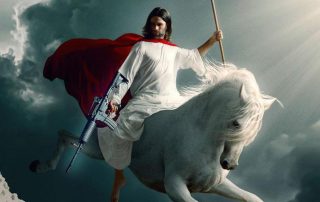 Jesus on flying white horse holding assault rifle
