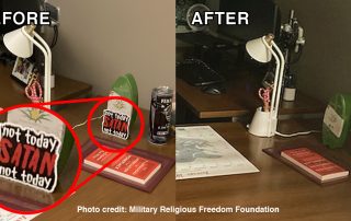 Before and after photos of desk showing not today satan sign removed