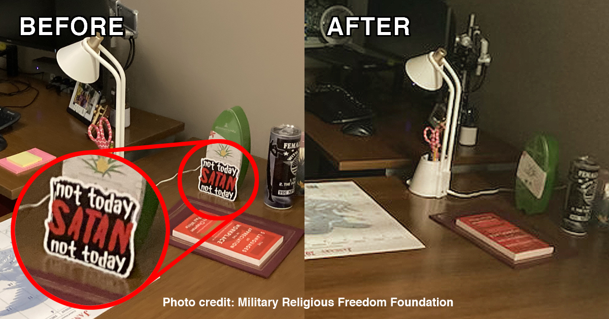 Before and after photos of desk showing not today satan sign removed