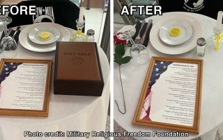 Side by side before and after photos of table showing bible gone in after photo