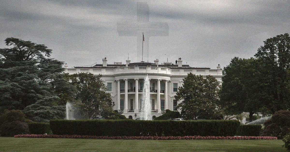 Dark desaturated photo of U.S. White House with ghostly cross hovering over in the sky