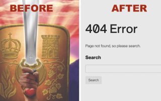 Before and after screen shots with before showing Christian nationalist artwork and after showing 404 Error