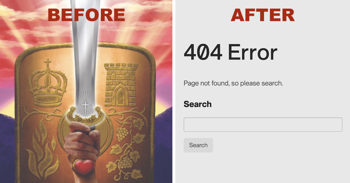 Before and after screen shots with before showing Christian nationalist artwork and after showing 404 Error