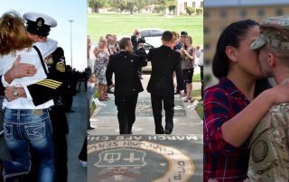 Photos of three military couples with same sex couple leaving the military chapel on their wedding day in center