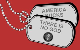 Illustration of dog tags with blurred Army emblem on them with one saying there is no god and the other saying America sucks