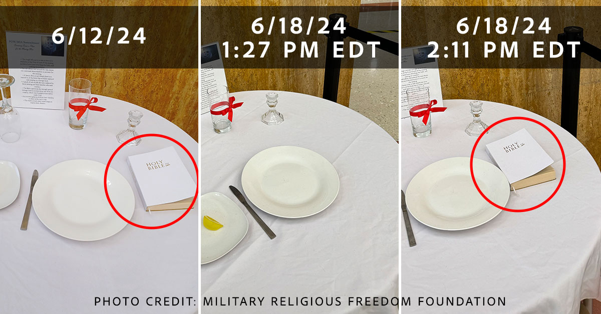 Original photo of bible on POW/MIA table on 6-12-24 side by side with photo of bible removed on 6/18/24 at 127 PM EDT, and bible placed back on table on 6/18/24 at 2:11PM EDT.