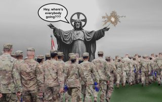 Big Jesus statue with Jesus holding sparkler in his hand with formation of soldiers marching past him and a text balloon with Jesus saying Hey where is everybody going