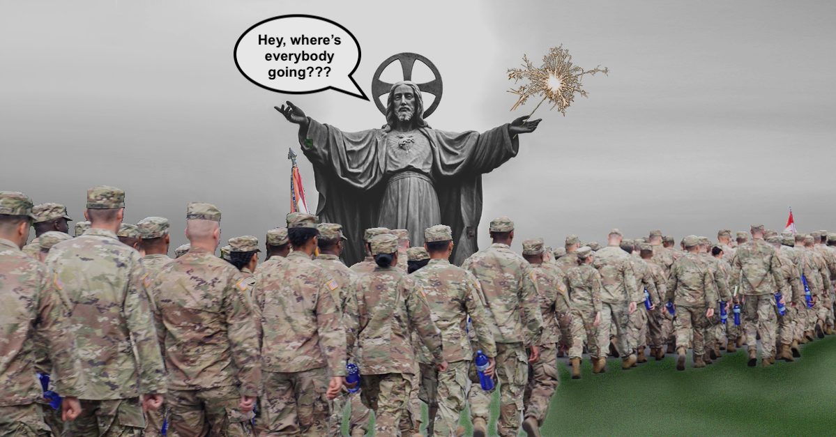 4th-of-July-Jesus Big Jesus statue with Jesus holding sparkler in his hand with formation of soldiers marching past him and a text balloon with Jesus saying Hey where is everybody going