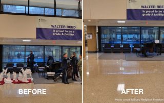 Before and After photos of Walter Reed lobby before with large nativity scene and after with nativity scene gone